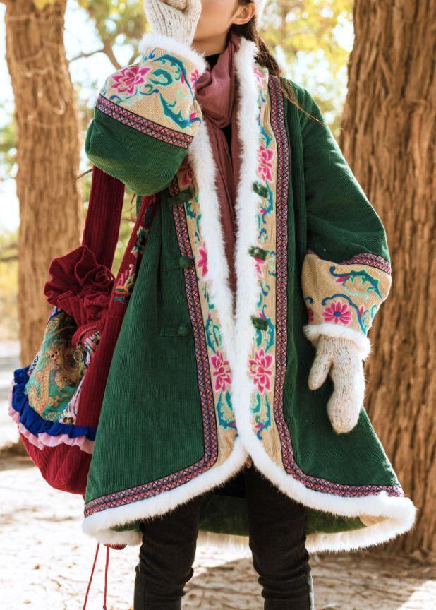 Fine Green Winter Outwear Jackets & Coats Embroidery Chinese Button Coats