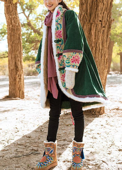 Fine Green Winter Outwear Jackets & Coats Embroidery Chinese Button Coats