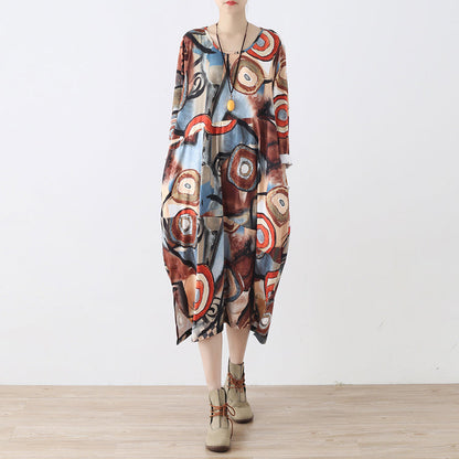 Fine Khaki Beige Prints Cotton Dress Clothing Side Open Gown Fine O Neck Maxi Dresses