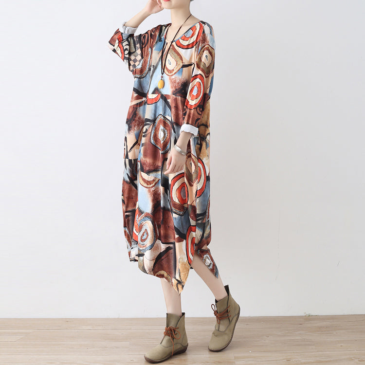 Fine Khaki Beige Prints Cotton Dress Clothing Side Open Gown Fine O Neck Maxi Dresses