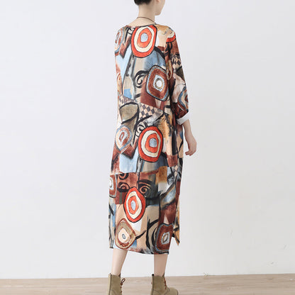 Fine Khaki Beige Prints Cotton Dress Clothing Side Open Gown Fine O Neck Maxi Dresses