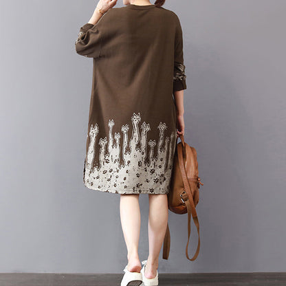 Fine Khaki Cotton Shift Dresses Cotton Clothing Dresses Prints Side Open Cotton Dress