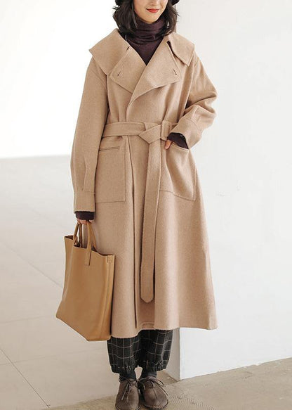 Fine Khaki Wool Coat Notched Pockets Long Jackets