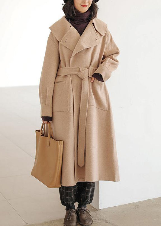 Fine Khaki Wool Coat Notched Pockets Long Jackets