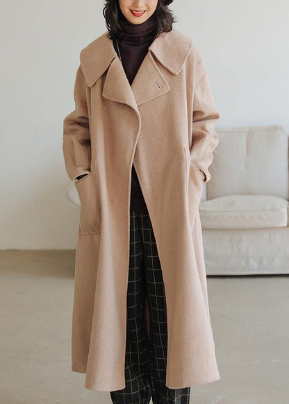 Fine Khaki Wool Coat Notched Pockets Long Jackets