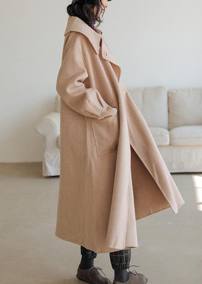 Fine Khaki Wool Coat Notched Pockets Long Jackets
