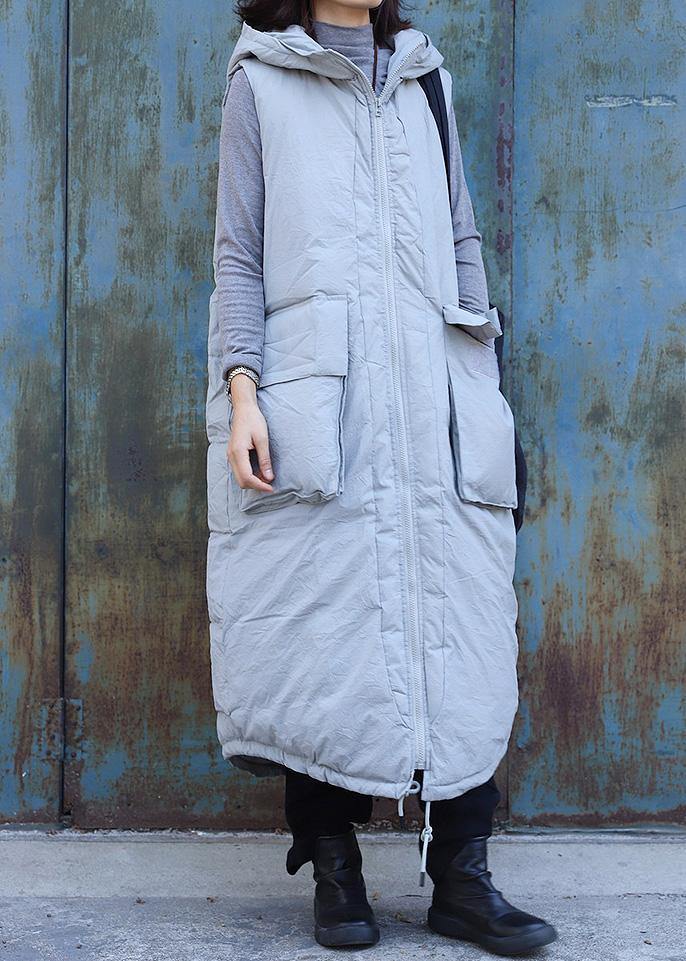 Fine Light Gray Sleeveless Winter Parkas Oversized Jackets & Coats Hooded Big Pockets Coats