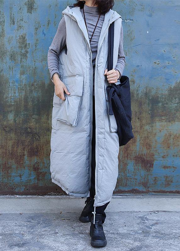 Fine Light Gray Sleeveless Winter Parkas Oversized Jackets & Coats Hooded Big Pockets Coats