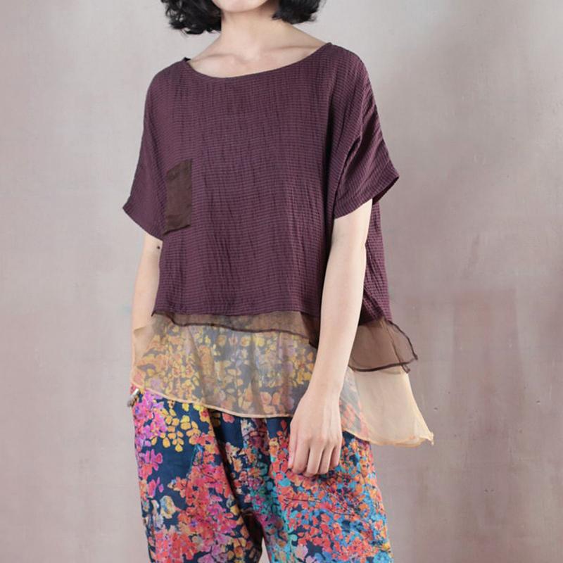 Fine Linen Blended Blouse Clothing Loose Linen Short Sleeve Stripe Red Blouse
