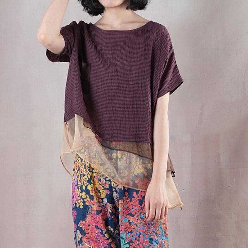 Fine Linen Blended Blouse Clothing Loose Linen Short Sleeve Stripe Red Blouse