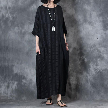 Cotton Blend Dress Retro Loose Round Neck 12 Sleeve Black Dress
