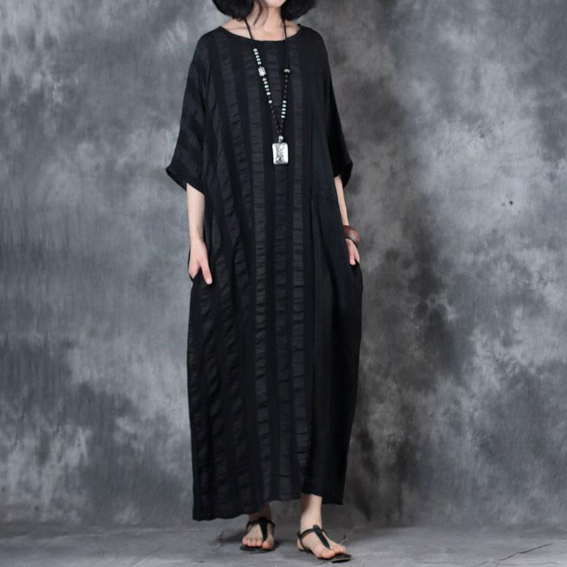 Cotton Blend Dress Retro Loose Round Neck 12 Sleeve Black Dress