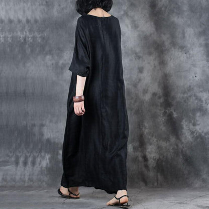 Cotton Blend Dress Retro Loose Round Neck 12 Sleeve Black Dress