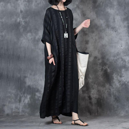 Cotton Blend Dress Retro Loose Round Neck 12 Sleeve Black Dress