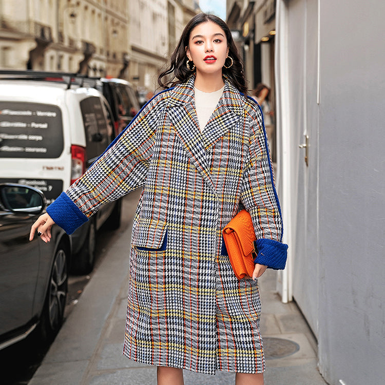 Fine Multicolor Plaid Winter Coat Pockets Maxi Coat Notched Winter Coat