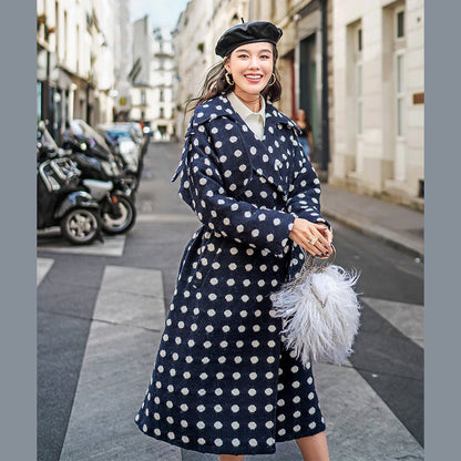Fine Navy Dotted Coat Oversize Notched Trench Coat Tie Waist Wool Jackets