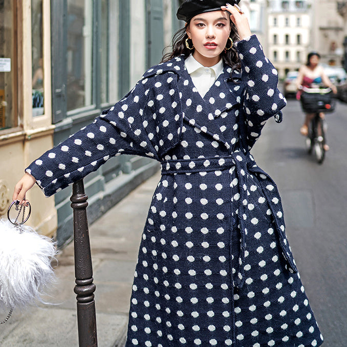 Fine Navy Dotted Coat Oversize Notched Trench Coat Tie Waist Wool Jackets