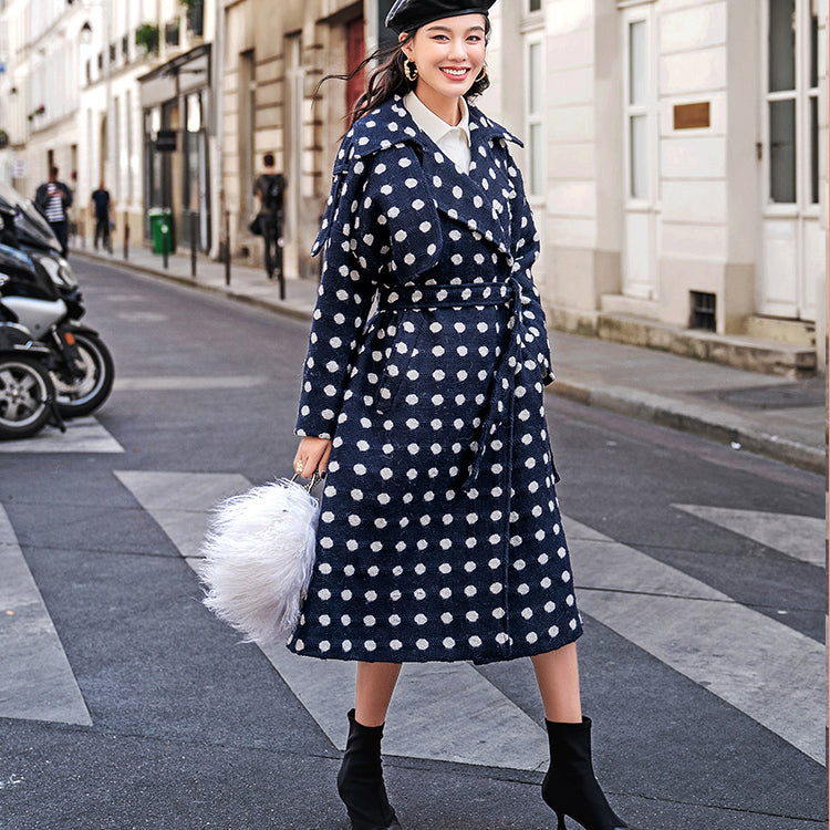 Fine Navy Dotted Coat Oversize Notched Trench Coat Tie Waist Wool Jackets