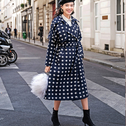 Fine Navy Dotted Coat Oversize Notched Trench Coat Tie Waist Wool Jackets