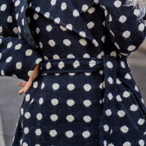 Fine Navy Dotted Coat Oversize Notched Trench Coat Tie Waist Wool Jackets