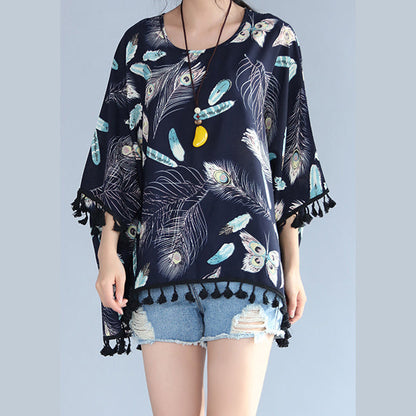 Fine Navy Natural Linen T Shirt Loose Fitting Cardigans Boutique Tassel Linen Cotton Tops