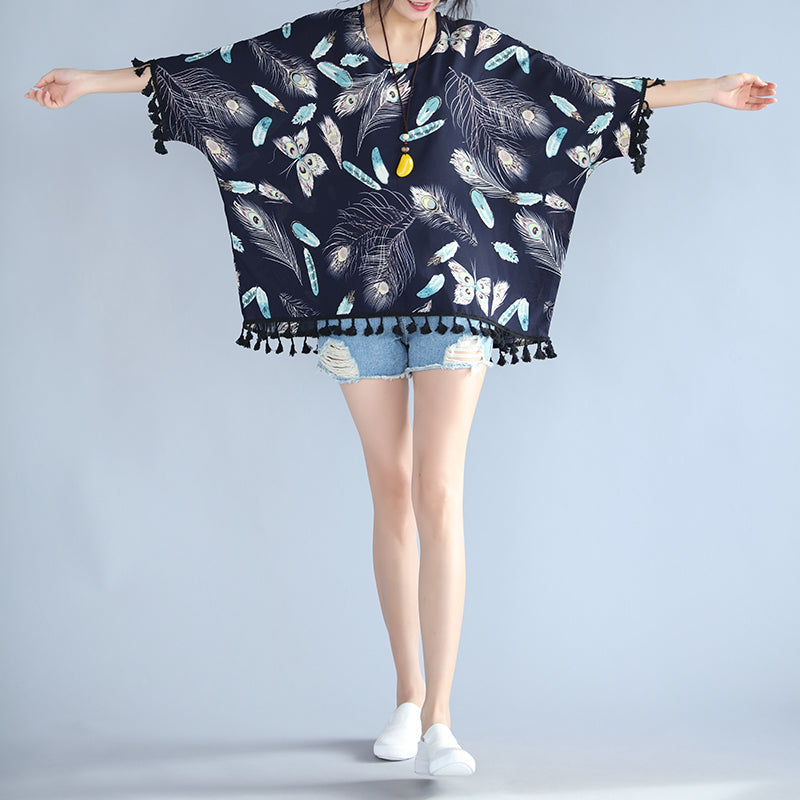 Fine Navy Natural Linen T Shirt Loose Fitting Cardigans Boutique Tassel Linen Cotton Tops