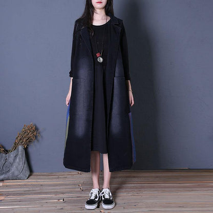 Fine Oversize Fall Outwear Denim Black Notched Sleeveless Coats