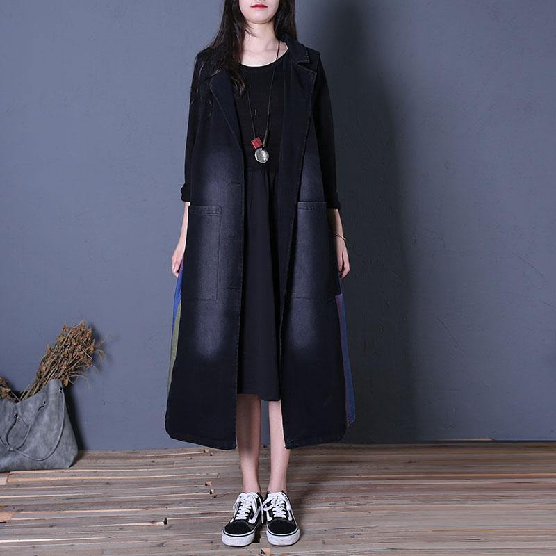 Fine Oversize Fall Outwear Denim Black Notched Sleeveless Coats