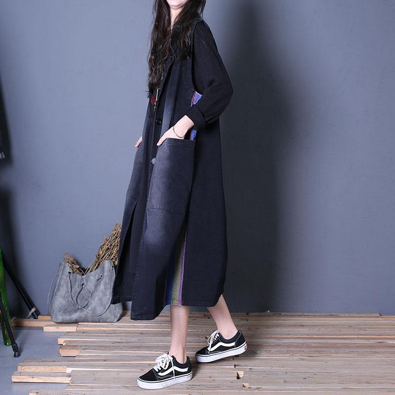 Fine Oversize Fall Outwear Denim Black Notched Sleeveless Coats