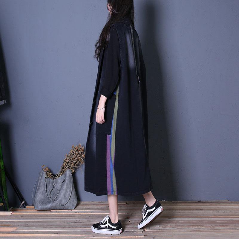 Fine Oversize Fall Outwear Denim Black Notched Sleeveless Coats