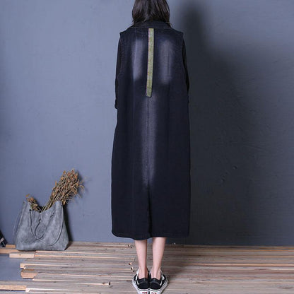 Fine Oversize Fall Outwear Denim Black Notched Sleeveless Coats