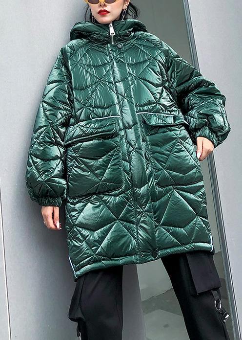 Fine Oversize Winter Jacket Green Hooded Zippered Parkas for