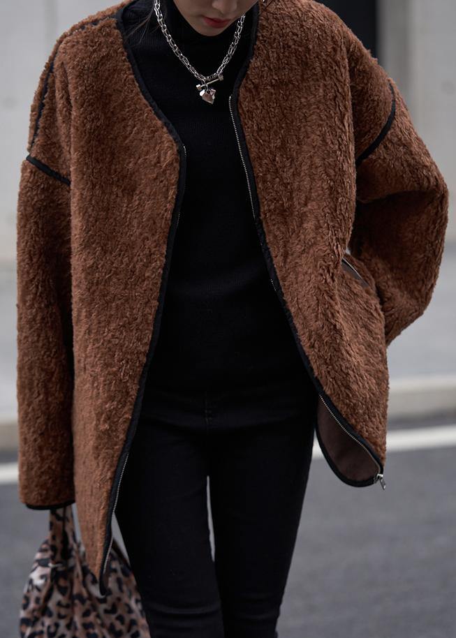 Oversized Coats Chocolate O Neck Zippered Wool Coat