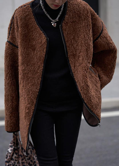 Oversized Coats Chocolate O Neck Zippered Wool Coat