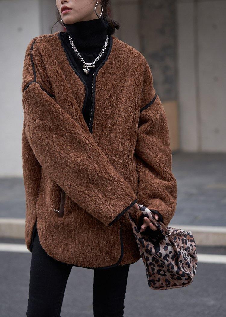 Oversized Coats Chocolate O Neck Zippered Wool Coat