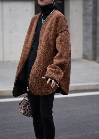 Oversized Coats Chocolate O Neck Zippered Wool Coat