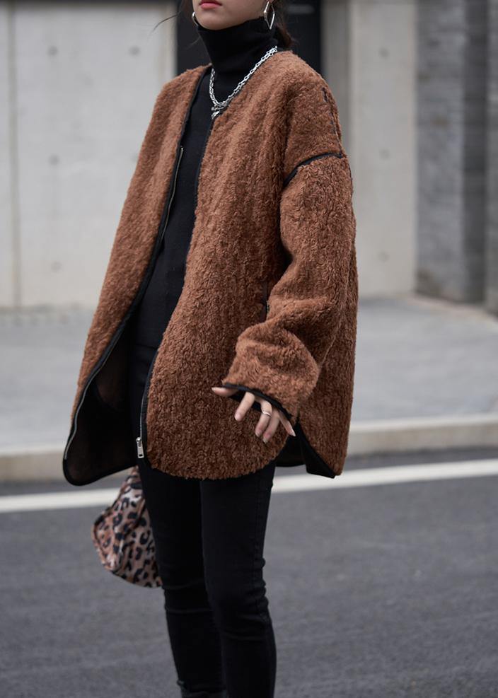 Oversized Coats Chocolate O Neck Zippered Wool Coat