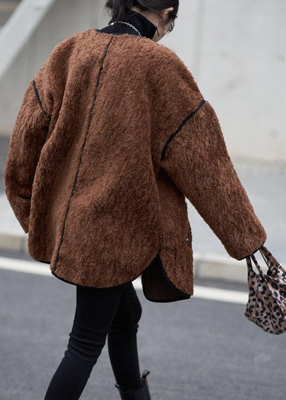 Oversized Coats Chocolate O Neck Zippered Wool Coat