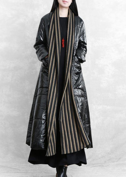 Fine Oversized Winter Coat Black Patchwork Striped Pockets Wool Coat