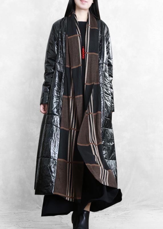 Fine Oversized Winter Coat Black Patchwork Striped Pockets Wool Coat