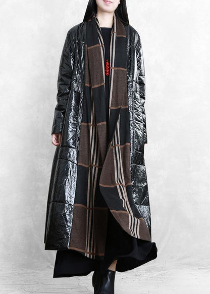 Fine Oversized Winter Coat Black Patchwork Striped Pockets Wool Coat