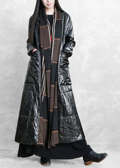 Fine Oversized Winter Coat Black Patchwork Striped Pockets Wool Coat