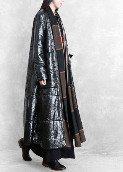 Fine Oversized Winter Coat Black Patchwork Striped Pockets Wool Coat