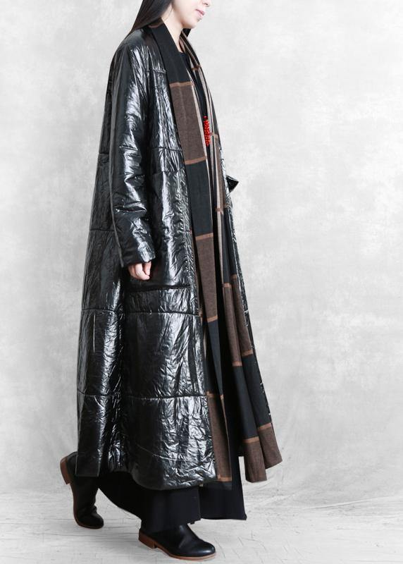 Fine Oversized Winter Coat Black Patchwork Striped Pockets Wool Coat