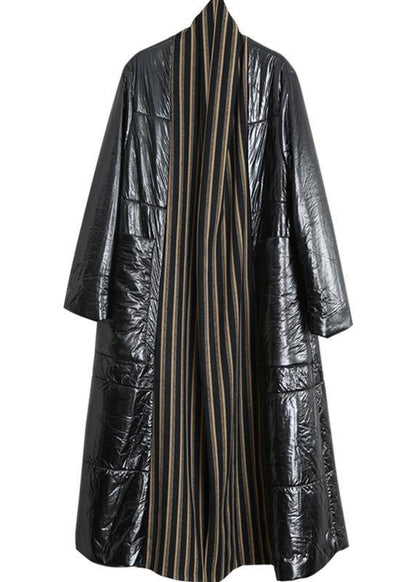 Fine Oversized Winter Coat Black Patchwork Striped Pockets Wool Coat