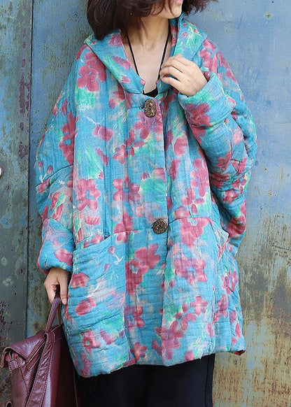 Fine Oversized Down Jacket Hooded Winter Outwear Blue Prints Winter Outfit