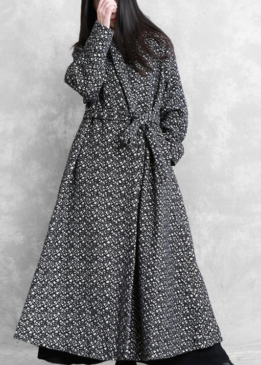 Fine Oversized Long Jackets Outwear Black Plaid V Neck Tie Waist Wool Coat