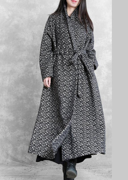 Fine Oversized Long Jackets Outwear Black Plaid V Neck Tie Waist Wool Coat