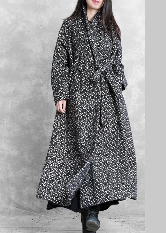 Fine Oversized Long Jackets Outwear Black Plaid V Neck Tie Waist Wool Coat