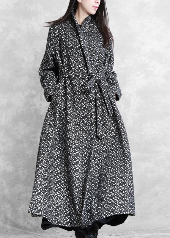 Fine Oversized Long Jackets Outwear Black Plaid V Neck Tie Waist Wool Coat